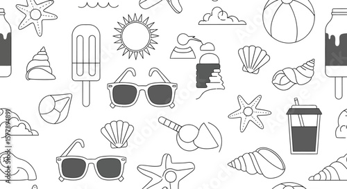 Summer themed pattern with sunglasses seashells ice cream and beach ball.