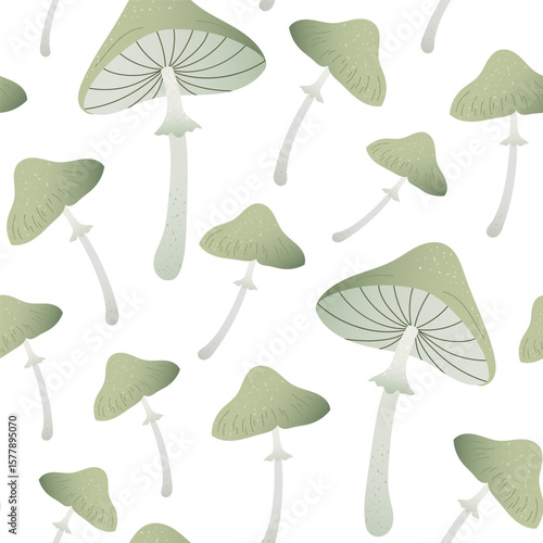 Vector minimal seamless pattern with green forest mushrooms. Soft textured shapes on white background create cozy woodland atmosphere Design for autumn card, textile, wrapping papper or natural print