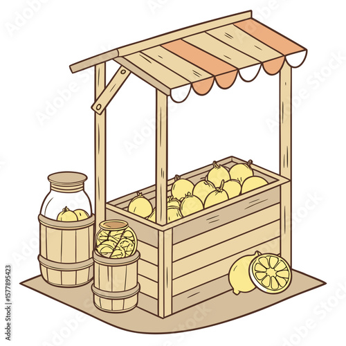 Rustic Lemonade Stand Vector – Fresh Lemons, Wooden Booth, Summer Drink, Homemade Citrus Market

