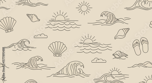 Beachthemed seamless pattern with sun waves shells clouds and flipflops in line art style.