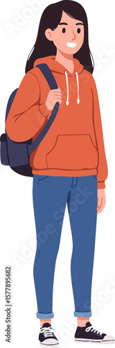 Young woman standing with backpack casual outfit smiling vector illustration 