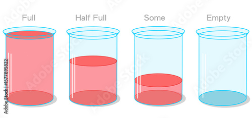 Printable full, half full, empty, some, nearly red liquid in glass cup. Very few stages, steps set. Glossy, transparent with caps. wine, chemistry, syrup flasks collection. Vector illustration 