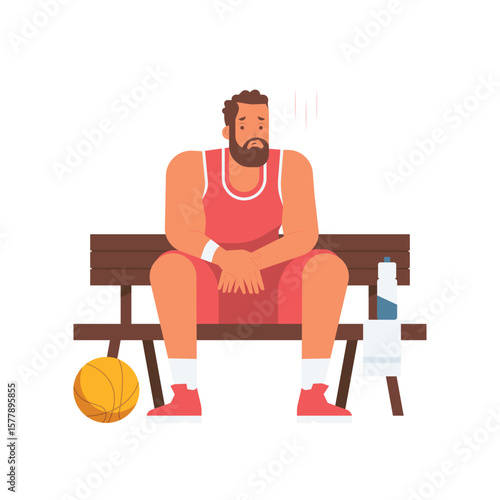 Exhausted tired basketball player with sad expression resting sitting on bench with ball and water bottle isolated on transparent background