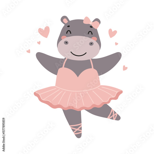 A Playful and Charming Cartoon Hippo Mascot Performing Ballet, Dressed in a Tutu and Striking a Delicate Dance Pose with Sweet Expression