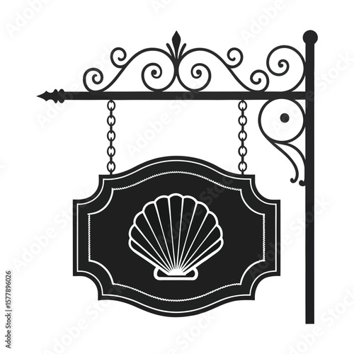 Black silhouette of a vintage hanging signboard with a scallop shell 1