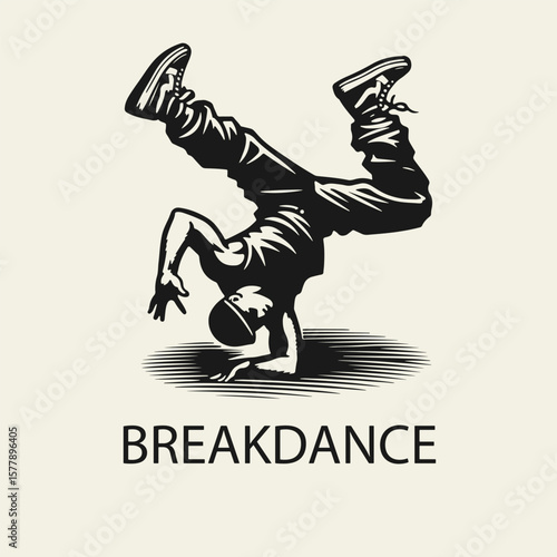 Black and white flat vector illustration of a breakdancer performing a dynamic trick. Urban street dance silhouette design full of energy and motion.