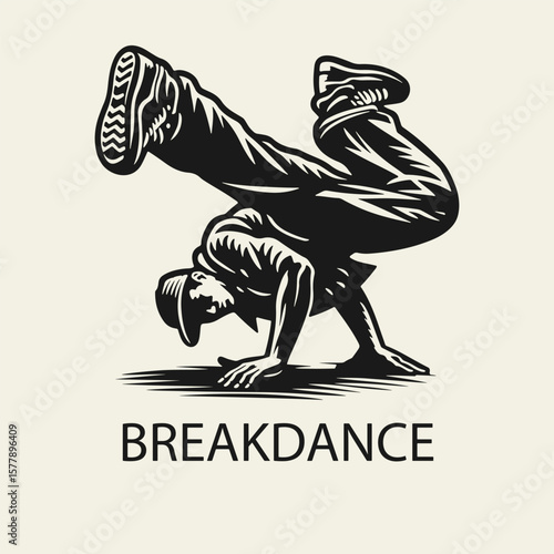 Black and white flat vector illustration of a breakdancer performing a dynamic trick. Urban street dance silhouette design full of energy and motion.