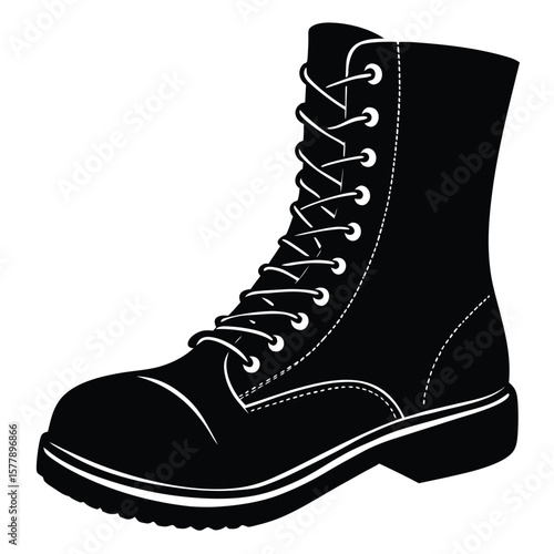 Black leather combat boot with white laces vector