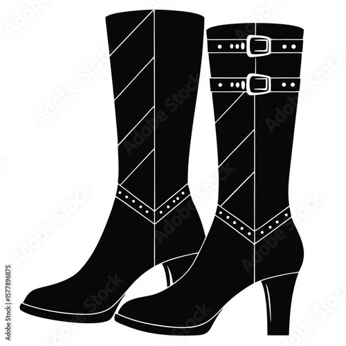 Black knee high boots with buckles and decorative stitching