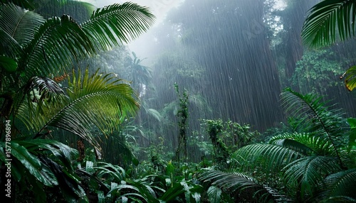 mysterious rainforest downpour a lush dark tropical forest scene during a heavy rain shower with large exotic plants shrouded in mist and green hues ai generated