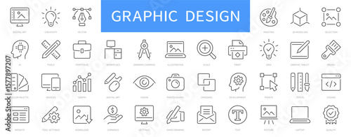 Graphic design thin line icons set. Digital art, portfolio, creativity, drawing, design, idea icon. Editable stroke. Vector