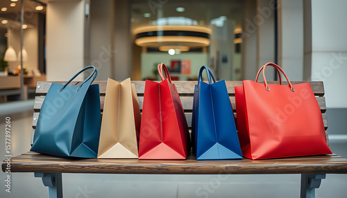 Stylish shopping bags arranged on a wooden bench with soft overhead light.Boost consumption are on the way,suitable for Big Shopping Festival Promotion,business concept