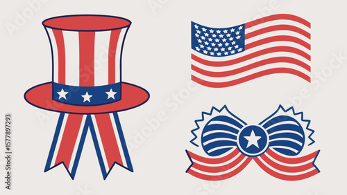 Patriotic symbols red white blue american flag uncle sam hat