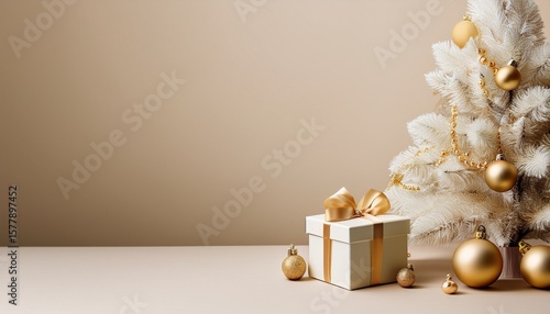 festive white tree with gold ornaments and gift box on beige background