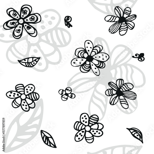 Floral black and white abstract hand-drawn seamless pattern