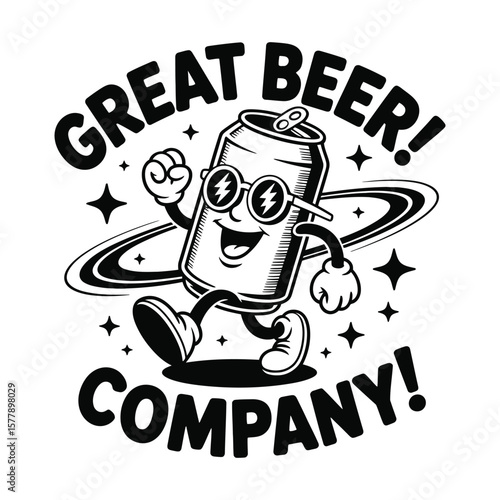 Happy cartoon beer can character with sunglasses and lightning bolts walking