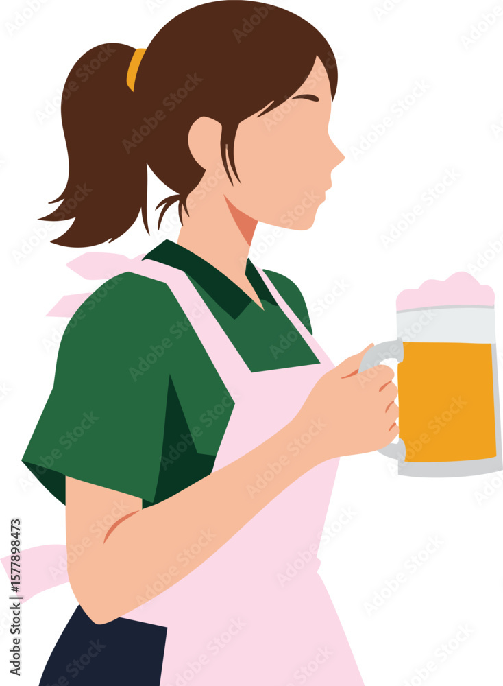 Woman in pink apron holding beer mug vector illustration with green shirt and ponytail hairstyle Woman in pink apron holding beer mug vector illustration with green shirt and ponytail hairstyle