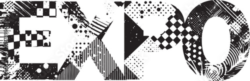Abstract high-contrast EXPO text artwork featuring creative geometric patterns and black-and-white stylized design, ideal for events,