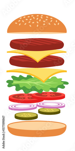 Deconstructed Cheeseburger Ingredients Flat Design Vector Illustration - Fast Food Recipe Graphic