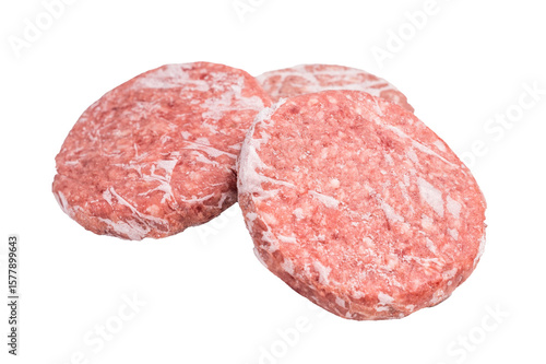 Frozen raw Hamburger beef Patty, uncooked mincemeat. isolated on white background. top view