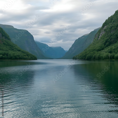 Serene fjord landscape with verdant green mountains and calm water