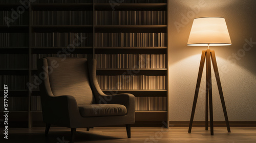 Cozy reading corner with a modern armchair and warm lighting from a tripod floor lamp, set against a backdrop of a fully stocked bookshelf.