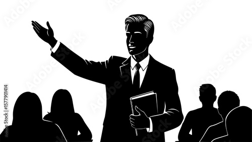 Confident businessman presenting to engaged audience in professional setting