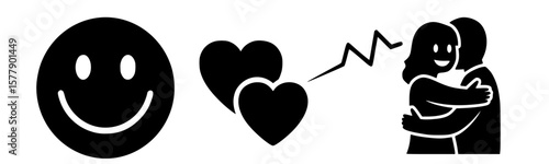 Smiling couple embracing with heart and smiley face