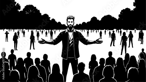 Charismatic leader standing confidently in front of crowd