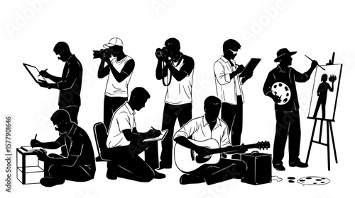 Creative professionals working on various art projects together