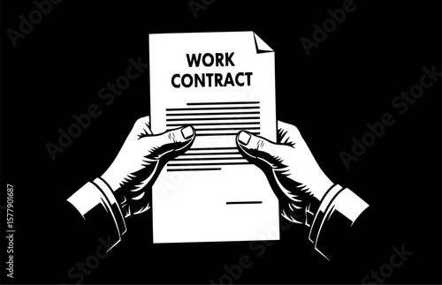 Hands holding a work contract document in formal business setting