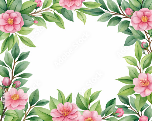 Pink Camellia Floral Border with Green Leaves and White Space Center