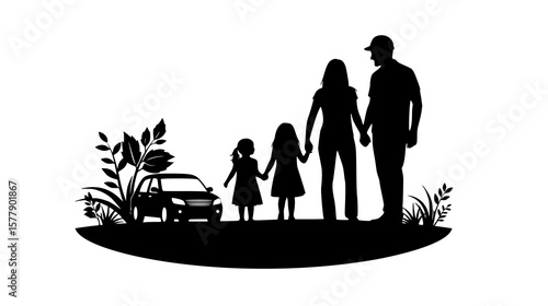 Family of four standing together in silhouette with car