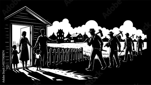 Refugees fleeing war zone with belongings at night