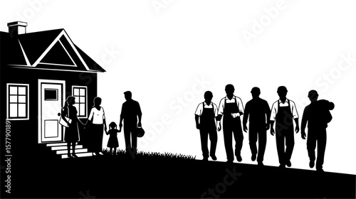 Family moving into new home with hopeful expressions