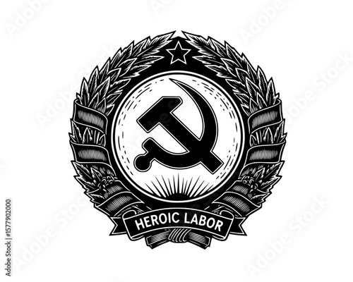 Communist labor emblem with hammer and sickle symbol