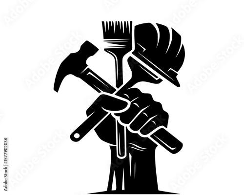 Construction worker holding tools and hard hat in hand