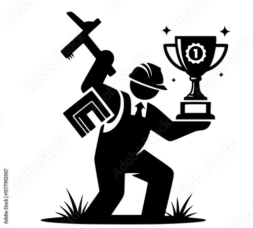 Construction worker celebrating with trophy and tools