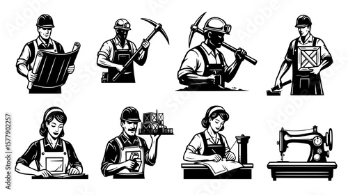 Vintage workers in various industries with tools and equipment