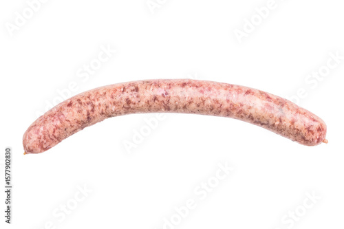 Close up of uncooked raw sausage showcasing its juicy texture, ideal for flavorful dishes and culinary creativity. isolated on white background. top view