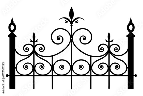 Elegant black ornate wrought iron fence with decorative scrolls and finials