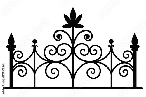 Decorative black wrought iron fence section with ornate scrollwork and finials