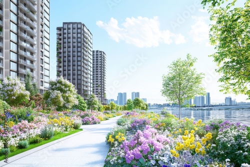 Fototapeta Naklejka Na Ścianę i Meble -  A vibrant park with colorful flowers lines a pathway near modern city buildings