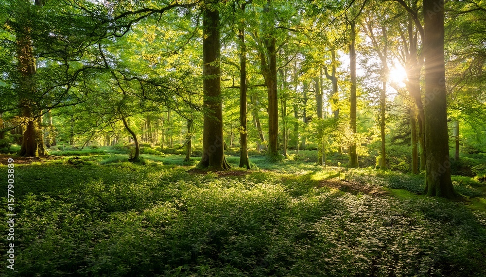 Naklejka premium lush green foliage vibrant leaves sunlight dappling through trees creating a serene and peaceful natural scene perfect for nature eco spring and wellness projects light color summer