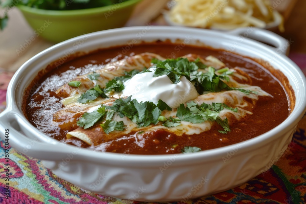 A delicious bowl of enchiladas topped with cilantro and sour cream A delicious bowl of enchiladas topped with cilantro and sour cream
