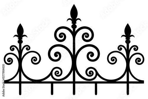 Decorative black wrought iron fence element with fleur de lis and scrollwork