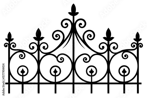 Elegant black wrought iron fence with ornate scrollwork and fleur de lis tops