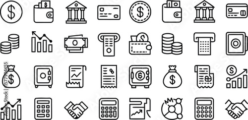 Finance & Banking Line Icons — Thin Linear Vector Set of Money, Wallets, Charts & Currency Symbols