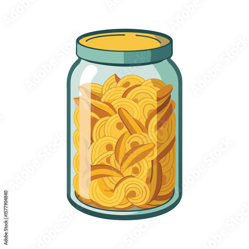 Glass jars of preserved vegetables, including pasta, peas, and pickled peppers, are isolated on white