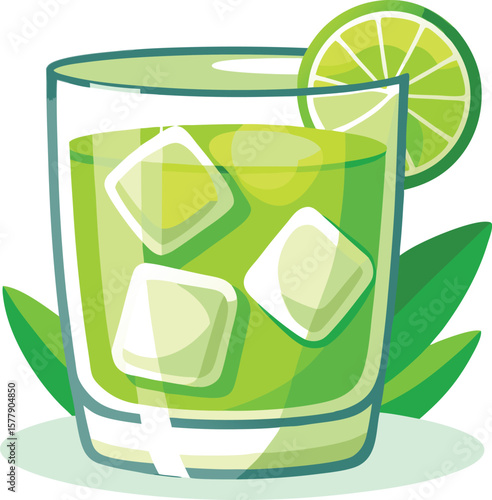 Refreshing Green Lime Cocktail with Ice Cubes in Glass, Summer Drink Illustration